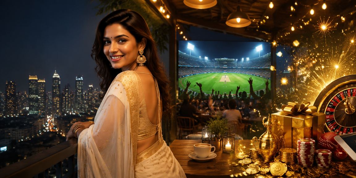 Indian woman in saree enjoying slot games during cricket night